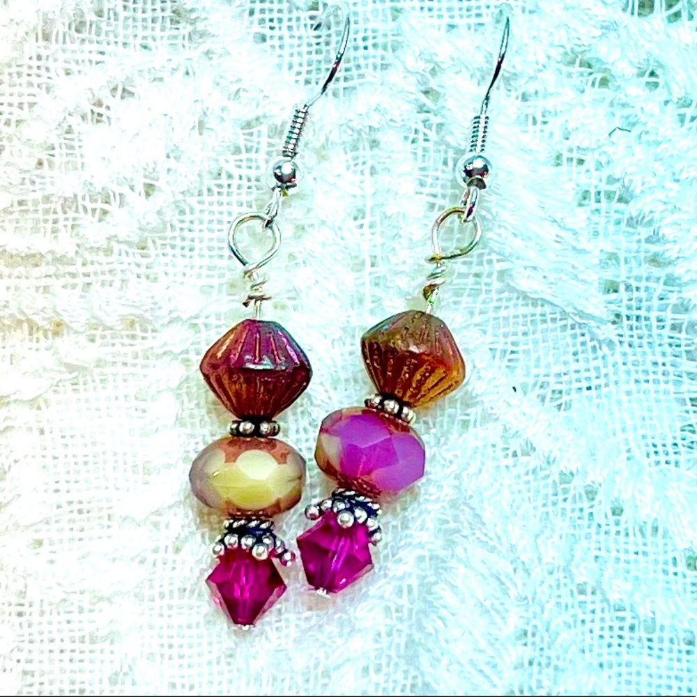 Raspberry earrings in sterling silver, premium Czech glass, Swarovski crystals